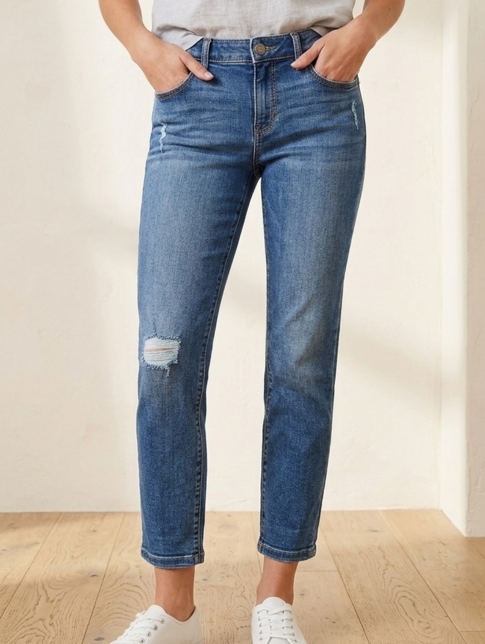 LOFT Outlet Modern Cuffed Crop Jeans Mid Rise Distressed Slim Leg Blue Size 0